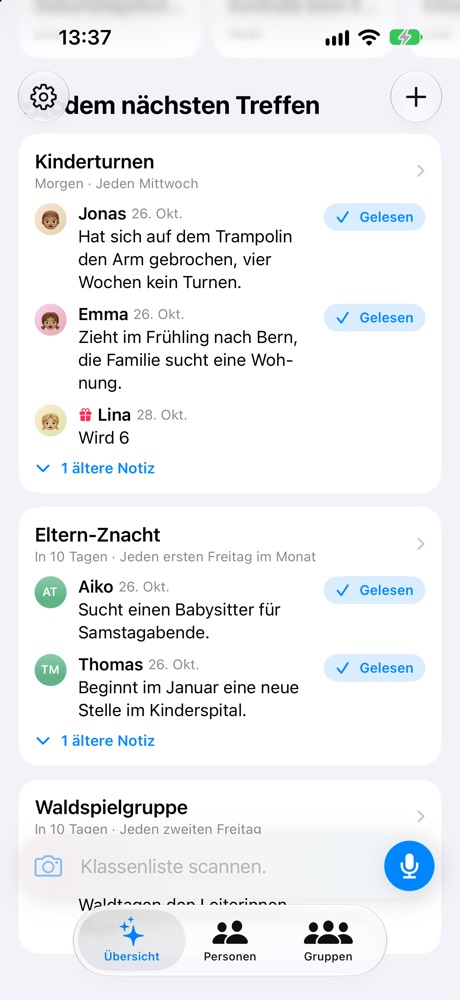 Vor dem nächsten Treffen: Notizen für Kinderturnen, Eltern-Znacht und Waldspielgruppe