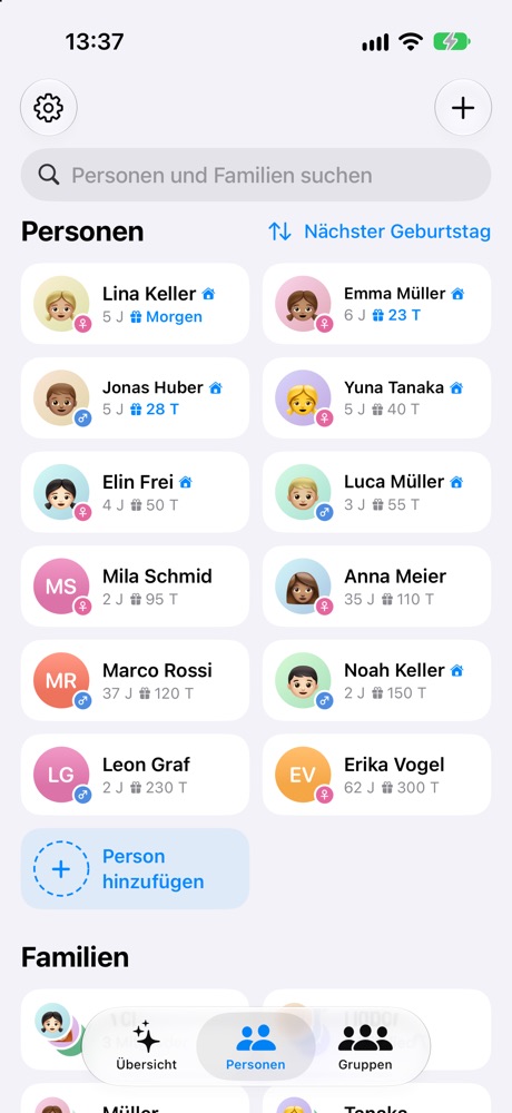 Personen als Karten mit Alter und Tagen bis zum Geburtstag