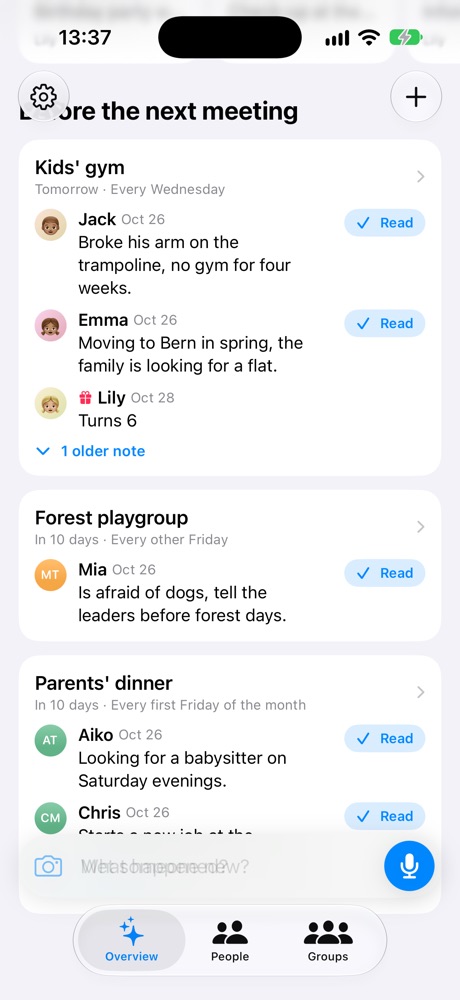 Before the next meeting: notes for Kids' gym, Forest playgroup and Parents' dinner