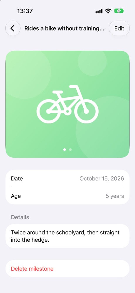 A milestone with photo, date, age and details