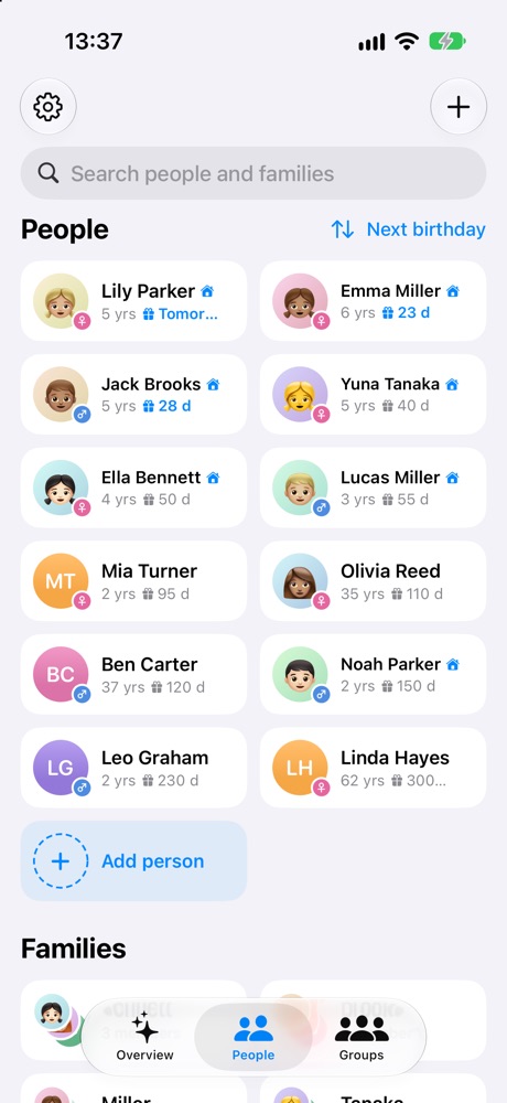 People as cards with age and days until their birthday